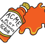 Illustration of a bottle with "plot avoidance scrub" written on it.