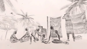 Sketched image of family in outback
